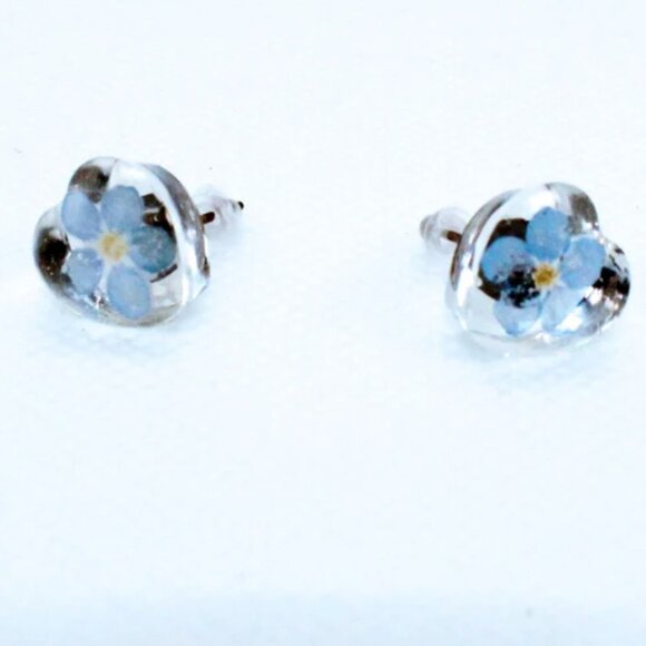 Handmade Heart Shape Real Forget Me Not Earrings/Forget-me-not stud earrings - Picture 4 of 7